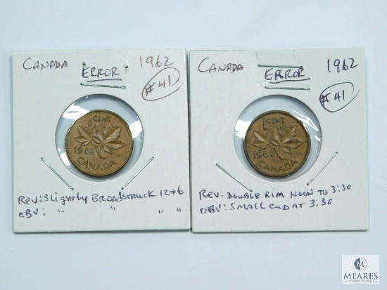 1962, Two Cents Canada Cent Errors, One is Broadstruck & One Has Small Cud & Double Rim