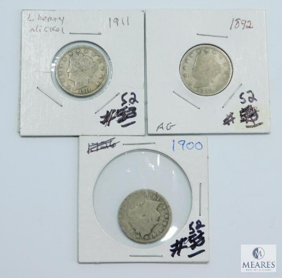 Three Circulated Liberty Nickels 1892, 1900, 1911