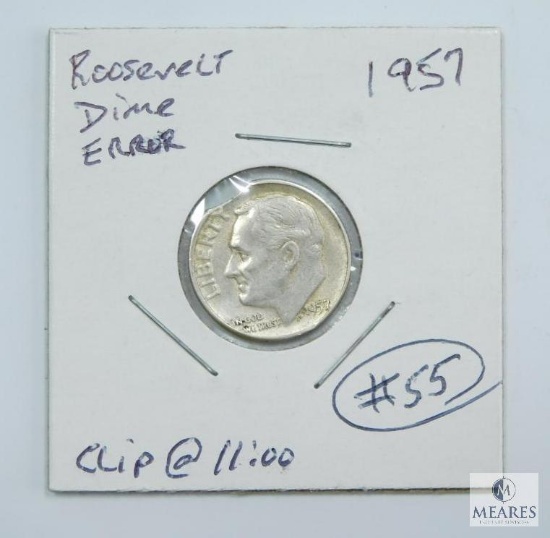 1957 Roosevelt Dime Error Clip at 11:00
