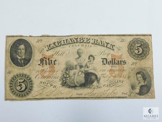 July 6, 1854 $5.00 Note, The Exchange Bank, Columbia SC