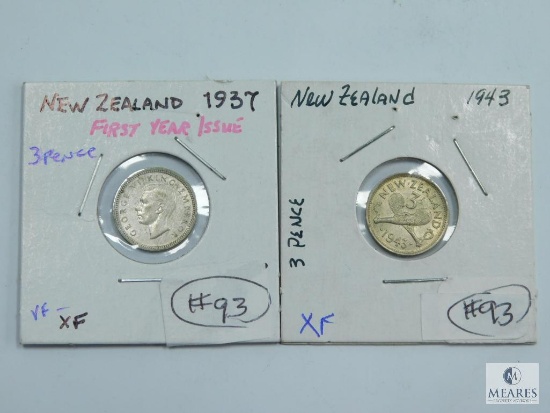1937 (VF-XF) 1st Year of Issue & 1943 (XF) New Zealand Three Pence, Both Silver