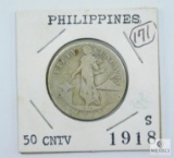 1918-S Silver Philippines 50 Centavos