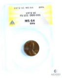 ANACS Graded 1972 Double Die Lincoln Memorial Cent MS64 BRN - FS-101 DD0-001 Variety