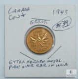 1943 (BU) Canada Cent Error, Extra Square Metal Piece in Hair Over Ear