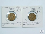 1962, Two Cents Canada Cent Errors, One is Broadstruck & One Has Small Cud & Double Rim
