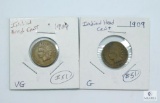 Two 1909 Indian Head Cents, One=G, One=VG