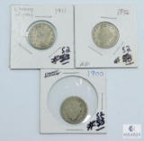 Three Circulated Liberty Nickels 1892, 1900, 1911