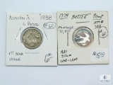 1938 Australia 6 Pence, 1st Year of Issue & 1974 Belize Proof 1 cent. 925 Silver Mintage only 31,000