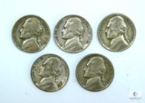Five Different WWII Jefferson Silver Nickels 1942-P, 1943-P&S, 1944-P, 1945-P