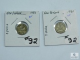 1933 & 1934 (Both VF) Silver Three Pence, New Zealand