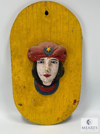 Vintage Metal Carousel Rounding Face Mounted on Oval Wooden Board - Potential Herschell Spillman
