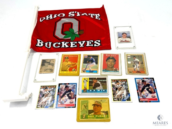 Vintage Baseball Card Lot with Ohio State Buckeyes Car Flag (See Description for Cards)