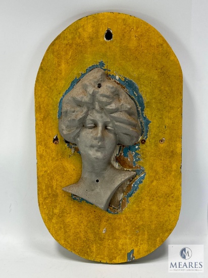 Vintage Metal Carousel Rounding Face Mounted on Oval Wooden Board - Potential Herschell Spillman