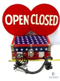 Vintage American Flag Metal Suitcase, ABC Store Open/Closed Signs and Cast Iron Plant Holder