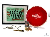 Vintage Old Milwaukee Beer Tray, Framed Vintage Zulu-Lulu Swizzle Stick Set and Men's Collectibles
