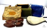Vintage Travel Lot: Coca-Cola Handbag, Sling Bag, Wooden Shoe Trees, Travel Carry-on