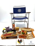 Vintage Lot of Folding Chair, Mushroom Decor, Macrame Art, Dominoes and Decorative Items