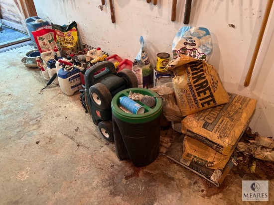 Assorted Yard and Workshop Supplies - Fertilizer, Concrete Mix, Spreaders, and More