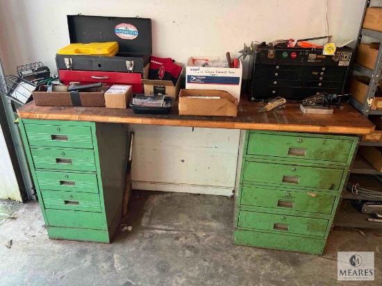 Heavy-Duty Make-Shift Metal Workbench with Tool Storage and Assorted Tools
