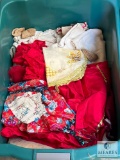 Storage Tub of Vintage Fabrics, Doilies, and Linen Cloths