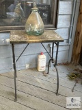 Vintage Tile-Top Metal Side Table with Decorative Glass Decanter