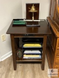 Wood Side Table with Built-In Power Outlet and Contents (Located in the Basement)