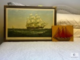 Signed Montague Dawson Ship Print & String Art Sailboat (Located in the Basement)