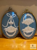 Pair of Vintage Oval Framed Lace Wall Art with Gold Accents with Bubble Glass