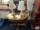 Vintage Oval Glass-Top Side Table with Pair of Glass Accent Lamps