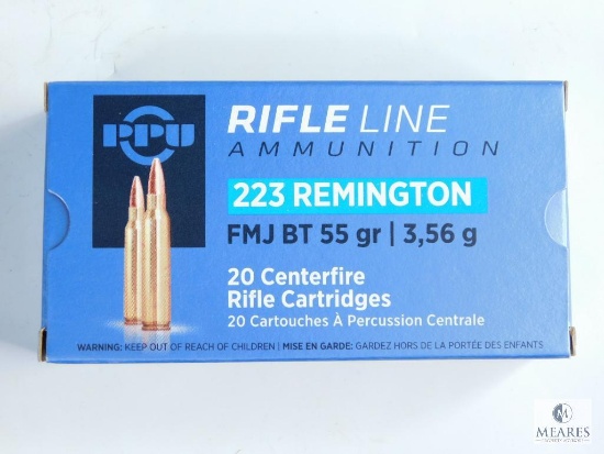 20 Rounds PPU 223 Remington, FMJ BT 55 Grain