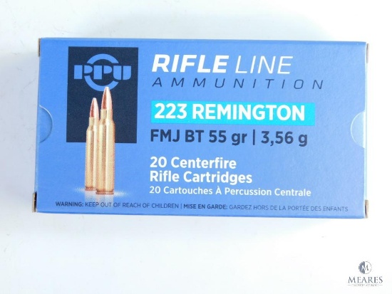 20 Rounds PPU 223 Remington, FMJ BT 55 Grain