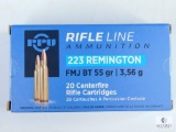 20 Rounds PPU 223 Remington, FMJ BT 55 Grain