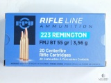 20 Rounds PPU 223 Remington, FMJ BT 55 Grain