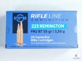 20 Rounds PPU 223 Remington, FMJ BT 55 Grain