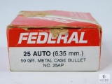 25 Rounds Federal 25 Auto, 50 Gr., Metal Case Bullet