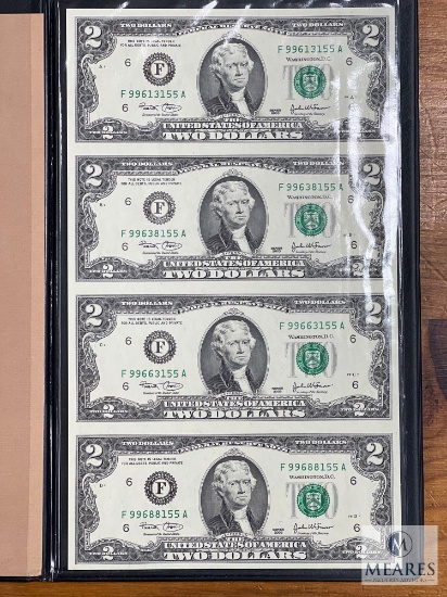 World Reserve Monetary Exchange Uncut Sheet of Four US $2 Small-size Notes