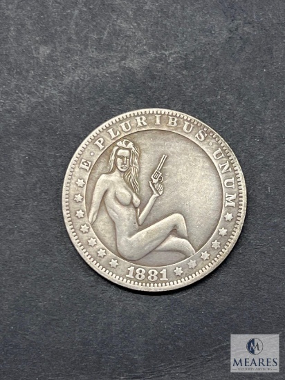 1881-CC Morgan Hobo Dollar Fantasy Coin Nude Lady with Pistol