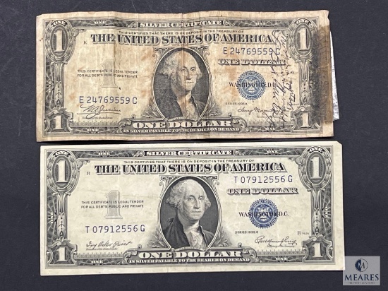 Group of Two US $1 Size-size Silver Certificates - One with Signatures Down the Reverse