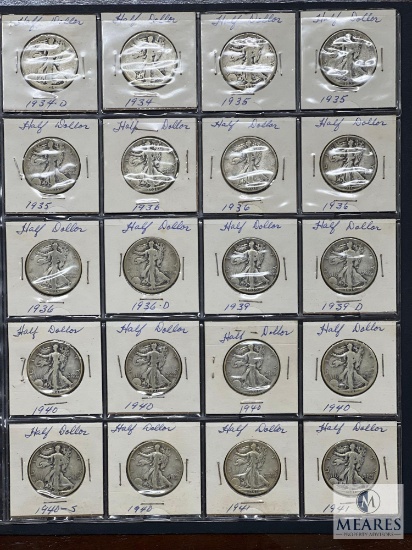 Sheet of 20 Walking Liberty Half Dollars from the 1930s and 1940s