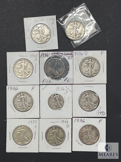 Group of 11 Mixed Date and Mint Walking Liberty Half Dollars from the 1930s and 1940s