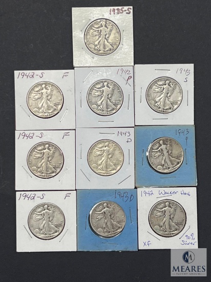 Group of 10 Mixed Date and Mint Walking Liberty Half Dollars from the 1930s and 1940s