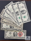 Group of Nine Mixed Date US $2 Small-size Federal Reserve Notes