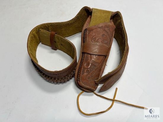 Hand-tooled Leather Cowboy Shooting Belt with Holster