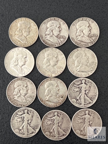 12 Mixed Date and Mint Silver Half Dollars - Franklin and Walking Liberty