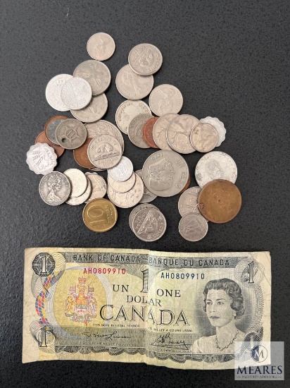 Mixed Foreign Coin Lot with Canadian $1 Note