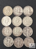 12 Mixed Date and Mint Silver Half Dollars - Franklin and Walking Liberty
