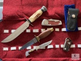 Knife Roll with Three Straight Blade Knives, One Folding Knife and Holster