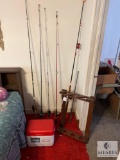 Group of Fishing Rods/Reels, Cooler and Wooden Wall Rack