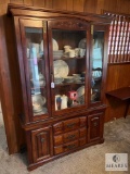 Dark Wood China Cabinet with Contents - China, Servewear (NO SHIPPING)