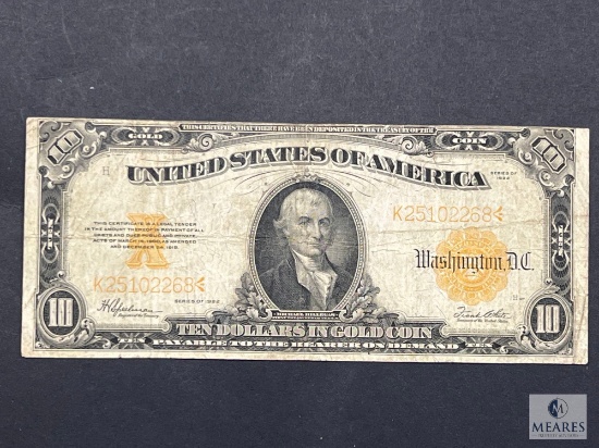 Series 1922 US $10 Large Format Gold Certificate with Cutting Error (Narrow Top)